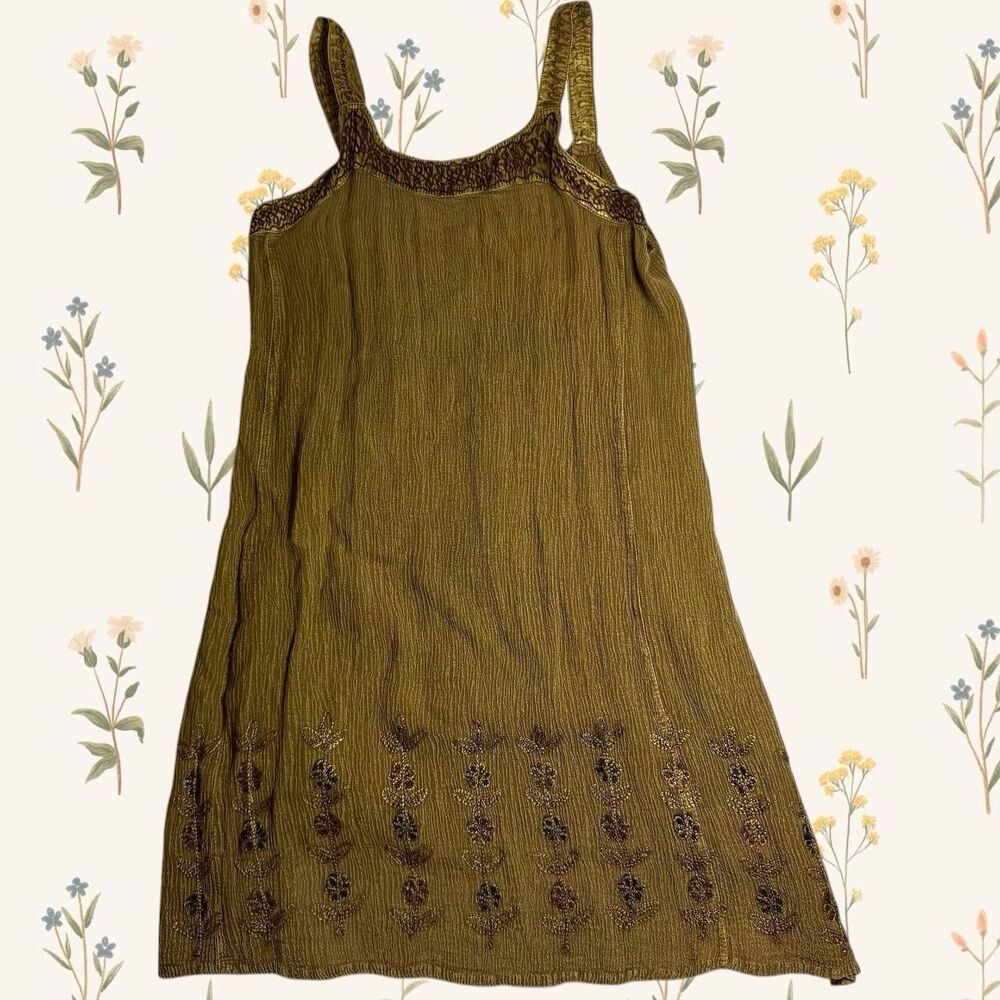 Vintage 90s Whimsical Fairycore Beaded Olive Green Crinkle Mini Dress One Size